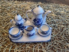 Vintage Dollhouse Miniature 10-Piece Ceramic Blue  White Tea Set.