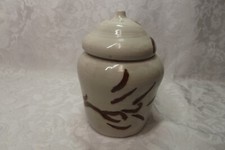 Lidded 6" White Porcelain Urn with brown brush stroke markings, About 5" Round