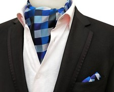 Classic Men's Ascot Tie Silk Checks Plaids Blue Silver Scarf Cravat Hanky Set