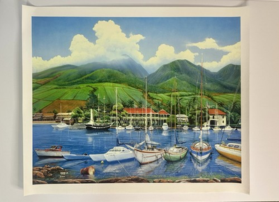 #ad #ad Richard Fields Maui Harbor Canvas Print 1987 Boats Coastal Wall Art 24x18 $79.99