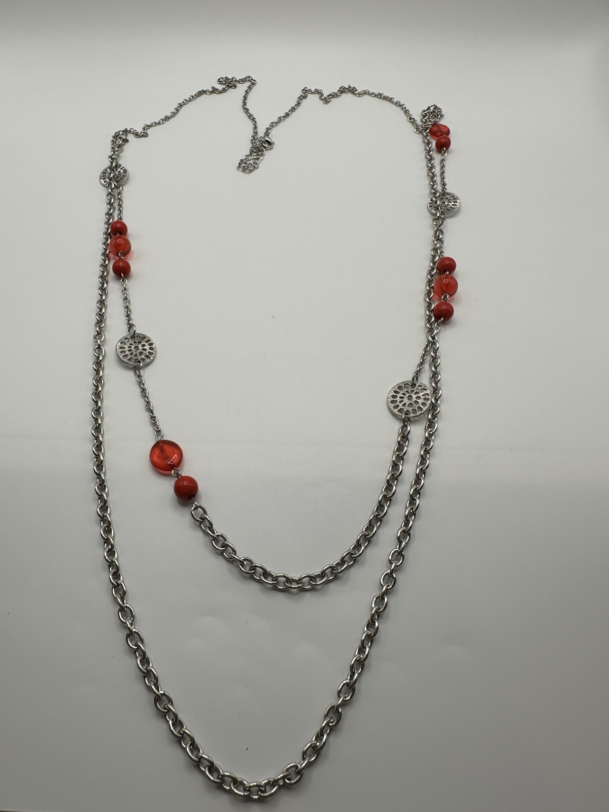 Silver Tone Multi Strand Chain Necklace With Red Plastic Beads 40”