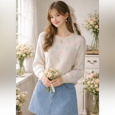 Vintage Floral Knit Sweater Cottagecore Grandmacore Cozy Winter Pullover Sz S