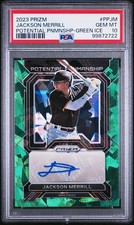 2023 Panini Prizm Potential Penmanship Jackson Merrill Green Ice Auto PSA 10