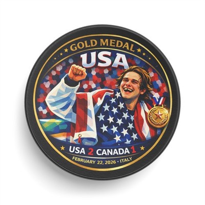 USA Olympic Gold Medal Hockey Puck 2026 Jack Hughes Golden Goal vs Canada