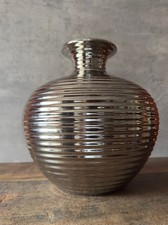 Large Silver Chrome Ribbed Vase Metallic Ceramic Modern Statement Decor 25cm