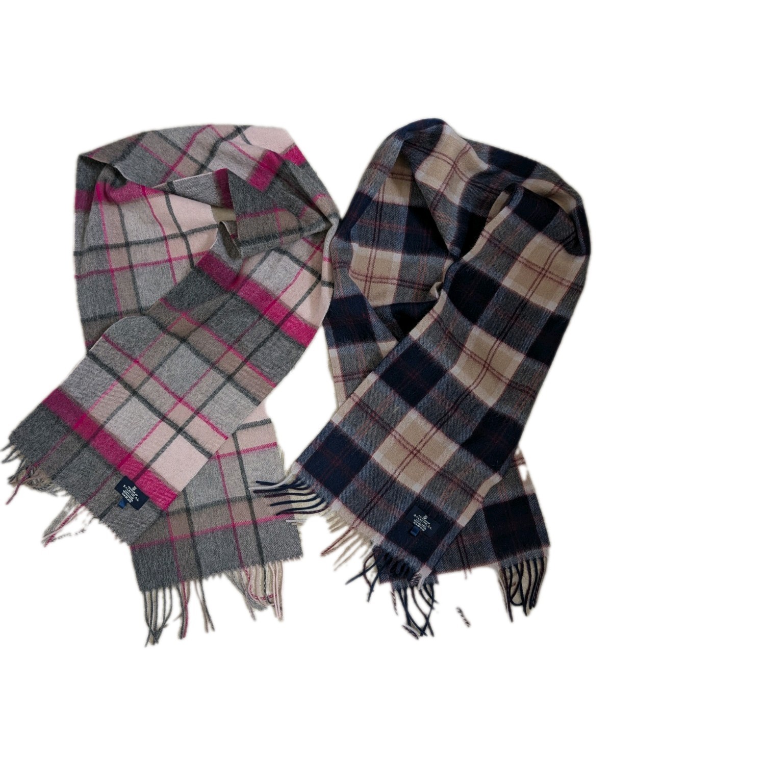 SET OF TWO House of Balmoral Lambswool Scarf Tartan Plaid Navy Blue And Pink
