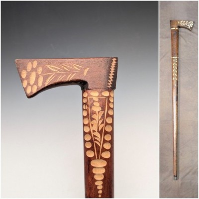 Vintage Wooden Cane Carved Axe Handle Walking Stick 85cm Brown Shaft