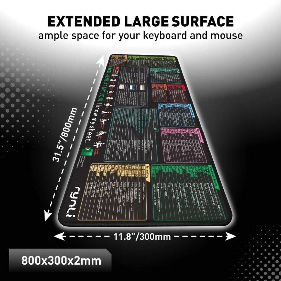 Excel Shortcuts Cheat Sheet Mouse Pad Giant Desk Mat 800x300mm Mouse ...