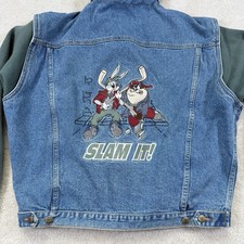 Vtg Warner Bros Looney Tunes Hooded Denim Jacket Large Green Sweatshirt Combo
