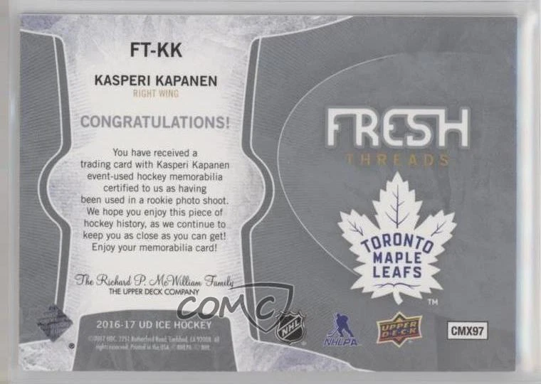 2016-17 Upper Deck Ice Fresh Threads Kasperi Kapanen #FT-KK Rookie RC - Image 2 of 2