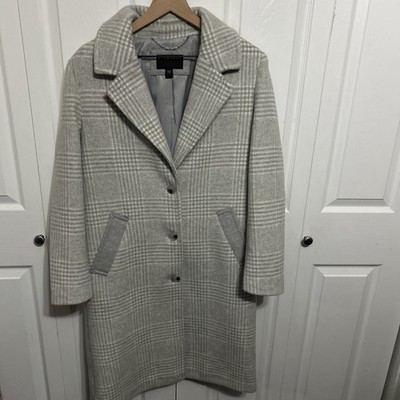 Bernardo Women's  Plaid  Wool Blend Button Front Long Coat Sz M Gray/Ivory