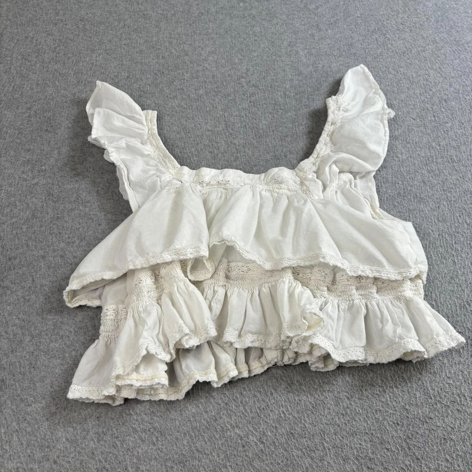 Free People Shirt Womens XS White Ruffle Lace Tiered Crop Peasant Boho Coquette - Image 2 of 4