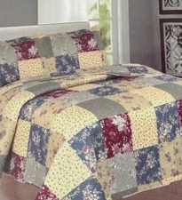 3-Piece Queen Size Printed Patchwork Cotton Quilt Set - Flower Floral Strip