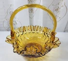 VTG 60's Fenton Art Glass Thumbprint Crimp Edge Basket Colonial Amber 7.5"