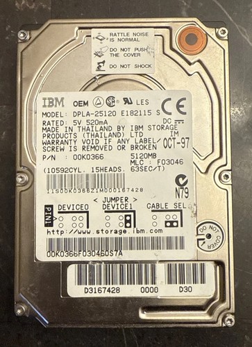 IBM DPLA-25120 5.1GB 2.5” IDE PATA Laptop Hard Drive 00K0366 Vintage 1997 Tested - Afbeelding 2 van 4