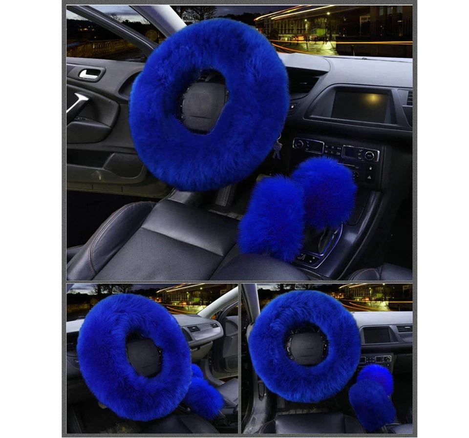 Cubierta de volante de coche difusa larga lana Australia azul 3 piezas freno de mano universal Foto 4 de 4