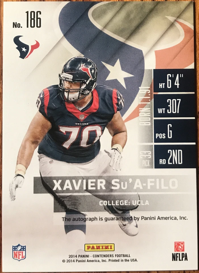 2014 Panini Contenders Rookie Autograph SP Xavier Su’A-Filo #186B Houston Texans - Image 2 of 2
