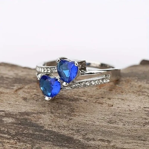 Women's Fashion Elegance Silver Color Double Blue Hearts-Shaped Zircon Ring Sz-8 - Picture 1 of 4
