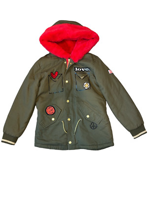 Marc Jacobs girls olive green & red faux fur lined winter parka with patches 10