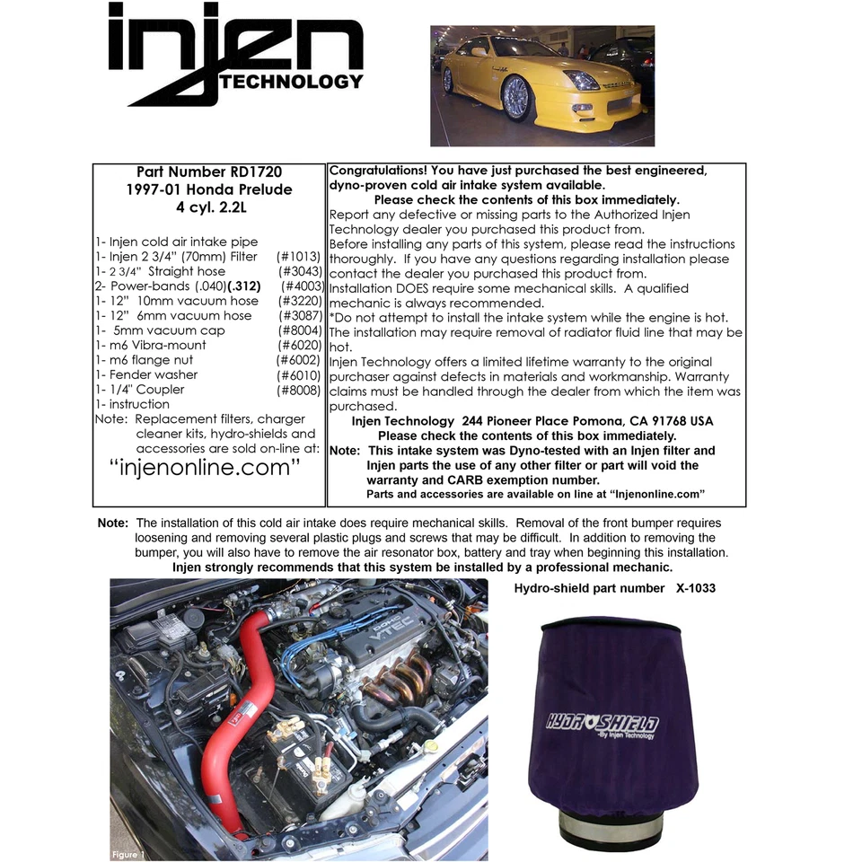 Sistema de admisión de aire frío de aluminio Injen RD1720BLK para Honda Prelude 1997-2001 2,2 L Foto 4 de 4