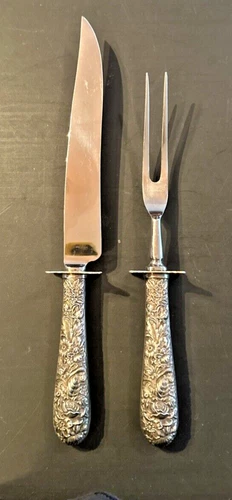 VINTAGE 2 pc.  S. Kirk & Son Sterling Silver  -Carving Set- Floral Repousse CCB2