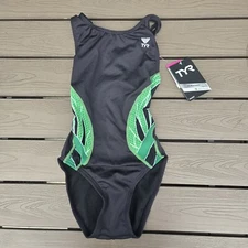 TYR DuraFast Elite Phoenix Maxfit 1 Pc Swim Black/green Youth Girl Sz 26 New
