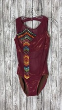 Women's Sz Adult Small Burgundy W/ Gold Undertone Dance Leotard Rhinestoned