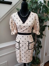 Marin Brand Womens Beige Polka Dot V Neck Short Sleeve Knee Length Shift Dress S