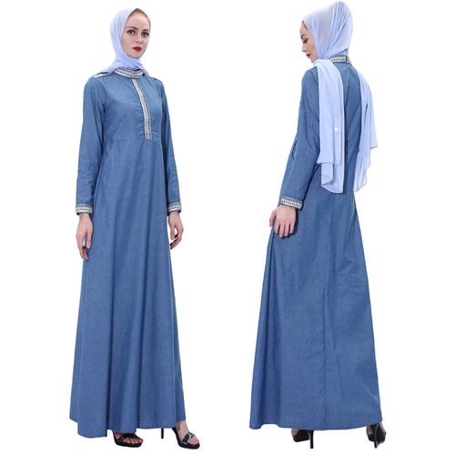 Dubai Abaya muslimisches Kleid Damen Denim Kaftan langes Maxikleid Cocktail Robe islamisch - Bild 12 von 23
