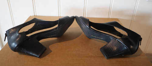 Diana Ferrari Size 7.5 Womens Black Leather Open Toe T Top Back Zip Block Heels - Picture 6 of 6