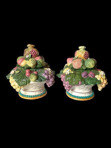 Antique Pair 1920s Italian Majolica Fruit Basket Lidded Jars - Picture 5 of 9