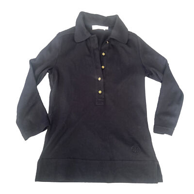 Tory Burch 3/4 Sleeve Black Collared Cotton Shirt Logo Buttons Sz XS Women s