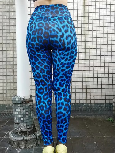 High Waist Blue Leopard Print Leggings for Women, Casual, Slim Fit - Picture 5 of 5