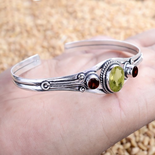 Faceted Peridot, Garnet Cut Gemstone Bracelet 925 Sterling Silver Men's Cuff-s86 - Picture 2 of 6