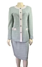 Vintage Sunny Fashion Women's Mint Green  White plaid Skirt Blazer Suit Sz M/9