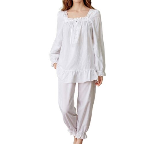 Women's Cotton Pajama Set 2 Piece Victorian Lounge Set Long Sleeve Top Pants Pjs - Picture 2 of 8