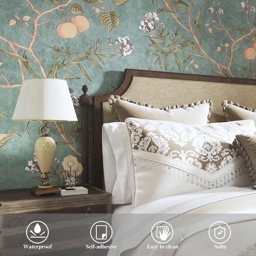 Self-Adhesive Floral Wallpaper Roll 17.5" x 393" - Green & Orange Vintage Style - Picture 6 of 10