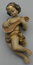 ALT ANTIK ENGEL M. MANDOLINE HOLZFIGUR FIGUR PUTTO PUTTE GESCHNITZT GOLD BEMALT