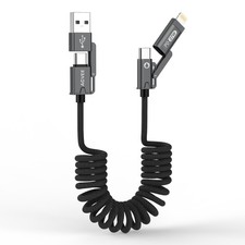 AGVEE 5ft 4-in-1 Coiled Multi Charging Charger Data Transfer Cable 5ft, Black