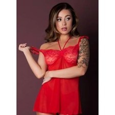 Magic Silk Lingerie Baby Doll Thong Set Red Lace Mesh L/XL