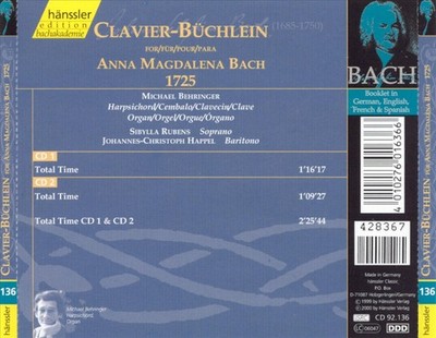 BACH: CLAVIER BOOK FOR ANNA MAGDALENA BACH (1725) NEW CD