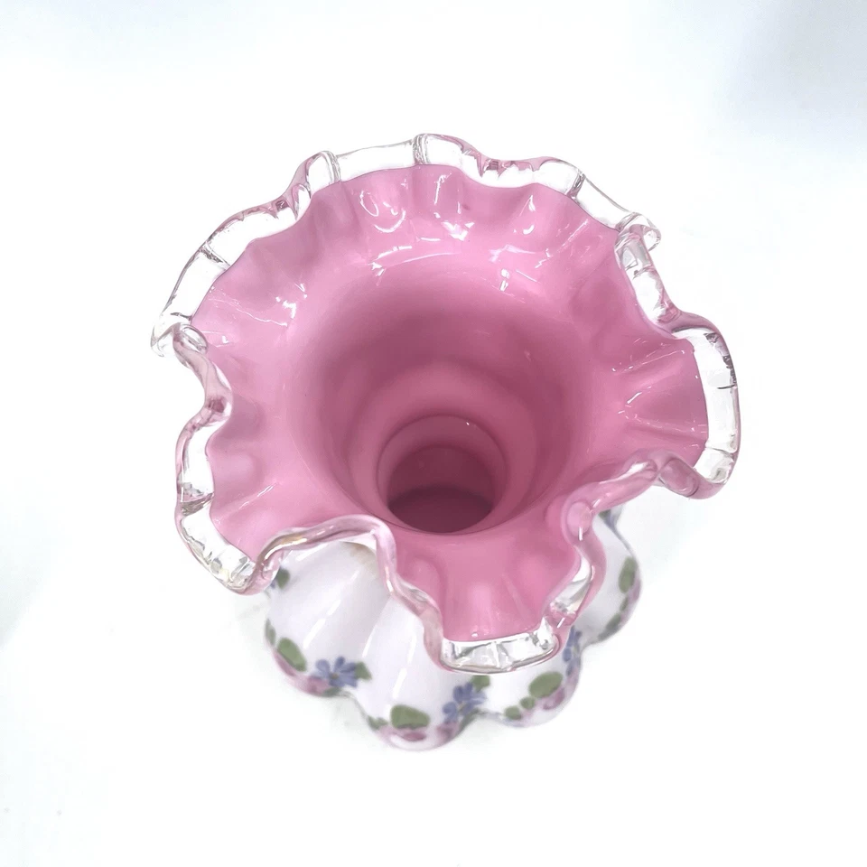 Vintage Fenton Hand Painted Ruffle Rim Charleton Peach Crest Melon Vase 8.5" - Image 3 of 4