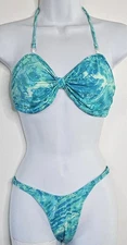 Why Things Burn Blue Green Marble Bikini Set XS Tie Halter Top Cheeky Bottom VTG