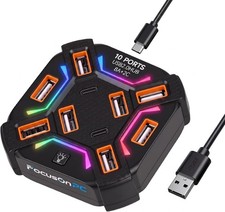 USB 2.0 Hub 10-Port Multi-Port USB Adapter for Laptop/PC with RGB Light