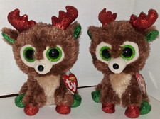2 Fudge Ty Beanie Baby Holiday Reindeer Green Eyes Red Glitter Horns Green Glit