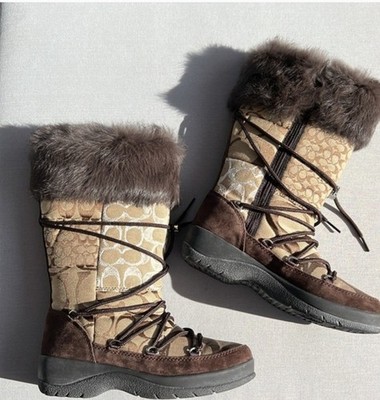 Coach Laurilyn Brown Monogramed Rabbit Fur Lined Boots Size 7.5