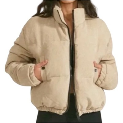 Commense Corduroy Puffer Jacker Full Zip Funnel Neck Pockets Cropped Cream XS