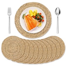 Round Woven Placemats 12 Inch Set of 10, Natural Fiber Braided Rattan Table M...