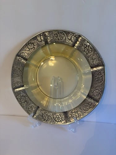 Art Nouveau Sterling Silver & Amber Glass Footed Cake Plate 10 3/4”