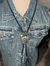 Wolf  Moon Art Vintage Metal pendant Braided Bolo Handcrafted USA SSI Sishiyon